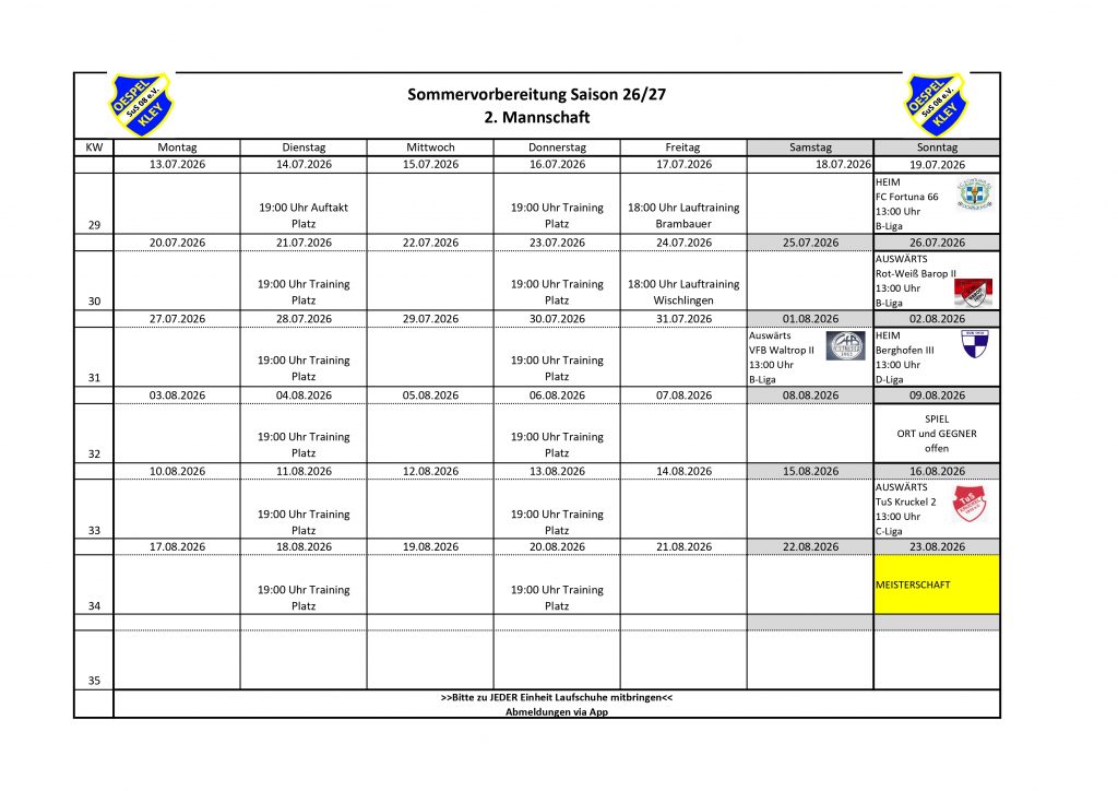 Vorbereittung Saison 26/27